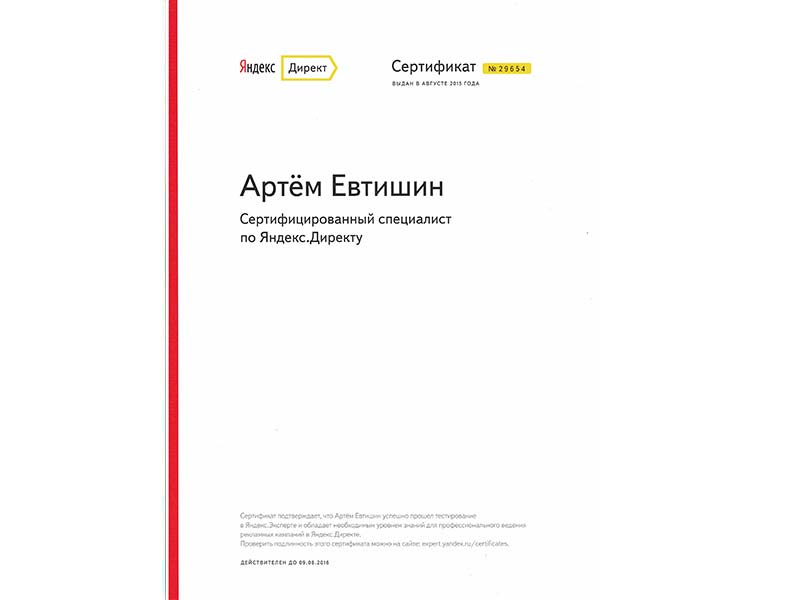 Сертификат Яндекс. Директ